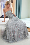Shiny A Line Strapless Sleeveless Sequins Tulle Floor Length Prom Dress Party Dress WH71703