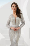 Gorgeous Mermaid Deep V-Neck Sequins Long Sleeve Grey Tulle Prom Dress WH99310