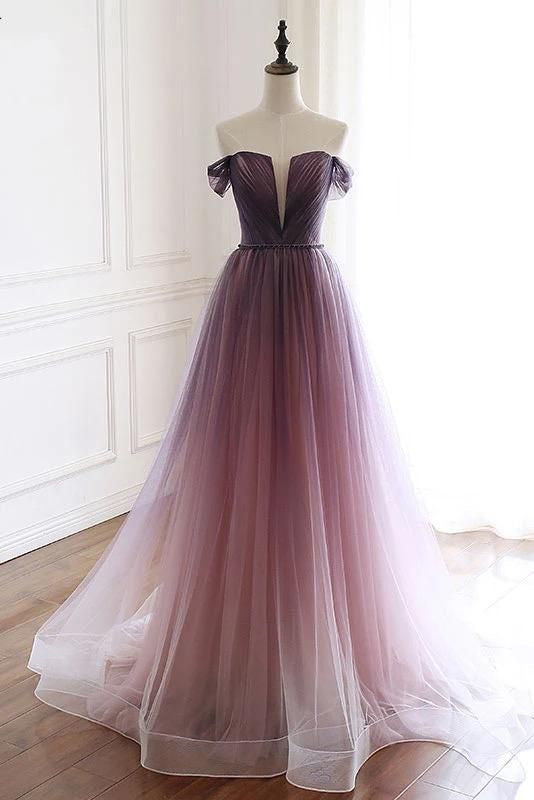 A Line Off the Shoulder Tulle Long Prom Dresses, Lace up Simple Party Dresses P1261
