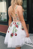 White Lace V Neck Homecoming Dress with Floral Appliques H1259