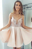 Sexy A-Line Spaghetti Straps V Neck Pearl Pink Short Homecoming Dress with Sequins PH881