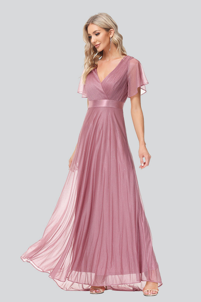 A Line Short Sleeve V-neck Chiffon long Prom Dresses Flowy Bridesmaid Dresses
