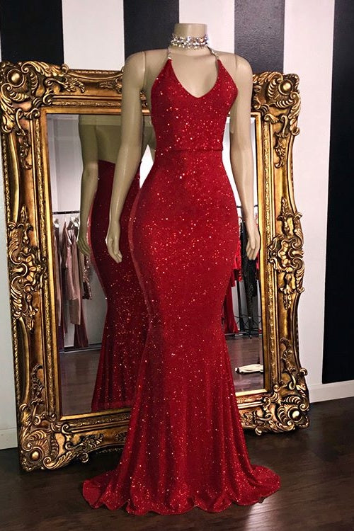 Sexy Mermaid Halter Red Glitter Sequins Prom Dresses Y0020