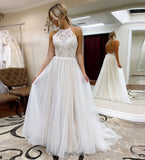 A Line Halter Tulle Wedding Dress with Top Lace Backless Beach Bridal Dress W1243
