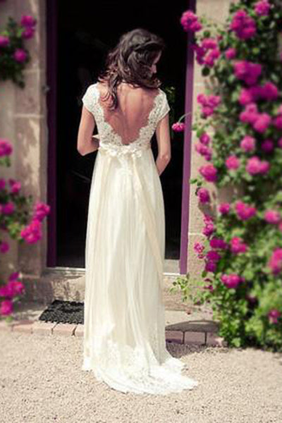 Elegant Open Back V-Neck High Waist Lace Wedding Dress