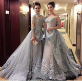 High Neck A-line Long Sleeve Tulle Appliques Sweep Train Long Prom Dresses uk PM416