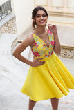 Yellow Floral Satin Illusion Back Daffodil V Neck Homecoming Dresses Short Cocktail Dresses H1338