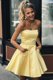 Yellow Strapless Pockets Short Satin Prom Dress Homecoming Dress H1224
