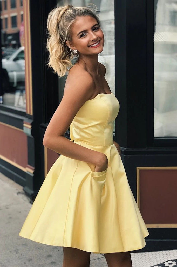 Yellow Satin Strapless Short Prom Dresses with Pockets,Simple Homecoming Dresses H1224