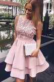 Cute A Line Sleeveless Scoop Satin Pink Embroidery Short Homecoming Dress H1302