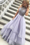Charming A Line High Neck Purple Beads Open Back Tulle Prom Dresses PH418