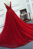 Luxurious A Line Round Neck Red Long Prom Dresses with Pearl