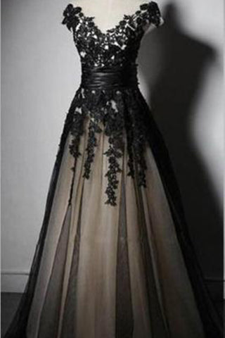 Charming Appliques Lace-up Sweetheart Short Sleeve Black Tulle Evening Dress