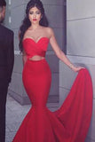 Mermaid Red Strapless Sleeveless Open Back Long Prom Dress