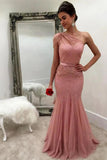Charming Mermaid One Shoulder Tulle With Beads and Sash Prom Dresses P1479