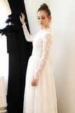 Elegant Princess Long Sleeve A Line Lace High Neck Ivory Long Wedding Dresses uk PW65