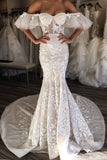 Gorgeous Mermaid Off the Shoulder Sweetheart Open Back Ivory Lace Wedding Dresses uk PH975