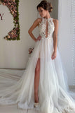 A Line Appliques Ivory Open Back Wedding Dresses, Long Beach Bridal Dresses W1181