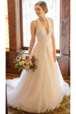 Elegant A Line Lace Appliques Deep V Neck Backless Halter Tulle Beach Wedding Dresses uk PH858