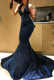 Sexy Mermaid Deep V-Neck Velvet Dark Navy Long Prom Dress Sparkly Evening Dress P1413