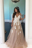 Elegant A Line V Neck Open Back Spaghetti Straps Tulle Prom Dresses with Lace Appliques PW138