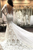 Mermaid V Neck Illusion Back Long Sleeves Ivory Tulle Court Train Wedding Dress with Lace PH845