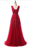 Elegant A Line Tulle Lace Appliques V Neck Backless Beads Red Long Prom Dresses uk PW41