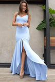 Elegant Mermaid Scoop Backless Blue Satin Sweetheart Slit Prom Dresses uk with Split PW71