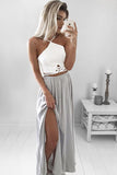 A-Line Elastic Satin Spaghetti Straps Backless Long Grey Prom Dresses with Split PH654