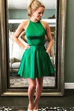 Cute A Line Halter Satin Green Open Back Short Homecoming Dresses uk with Beads PH951
