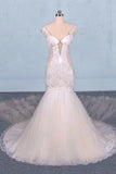 Charming Mermaid Tulle V-neck Wedding Dress, Sheer Back Long Bridal Dresses W1150