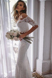 Two Pieces Ivory Mermaid Lace Off the Shoulder Beach Wedding Dress