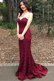 Burgundy Sweetheart Strapless Lace Mermaid Cheap Long Prom Dress,Bridesmaid Dresses PW13