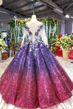 Ball Gown Ombre Sparkly Long Sleeve Sequins Prom Dress Quinceanera Dress P1217
