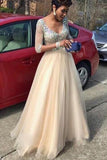 A Line Princess V Neck Long Sleeves Beads Tulle Long Prom Dresses uk PW142