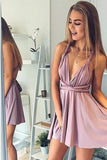 A-Line Deep V-Neck Backless Short Blush Pleats Open Back Convertible Homecoming Dress PH661