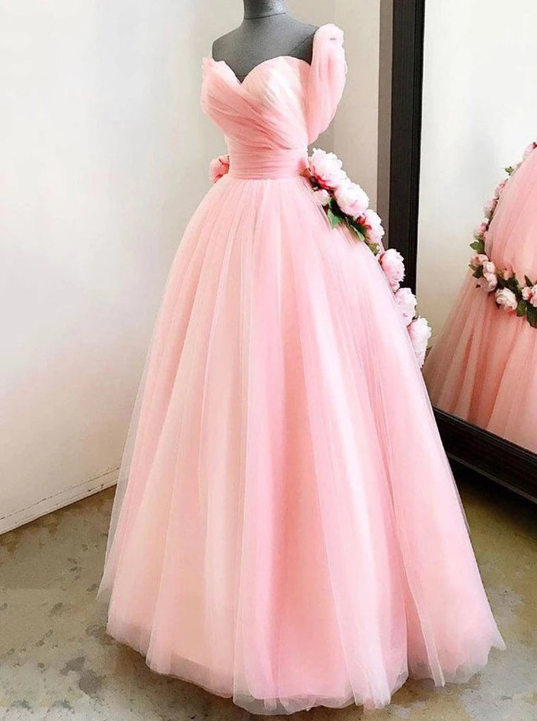 Charming Ball Gown Sweetheart Long Prom Dresses, Pink Sweet 16 Dress With Handmade Flowers P1255