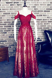 Red A-Line Sweetheart Burgundy Lace Long Off Shoulder Open Back Prom Dresses PH518