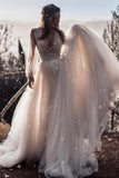 A Line Long Sleeves Ivory V Neck Beach Wedding Dresses with Lace Appliques, Bridal Dresses W1232