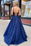 Elegant Spaghetti Straps V-Neck Lace Appliques Tulle Prom Dress with Lace up P1536