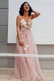Elegant A-Line Spaghetti Straps Long Pearl Pink Appliques V Neck Backless Prom Dresses PH687