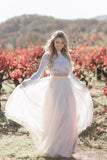 Two Pieces Long Sleeves Lace Appliques Blush Pink Beach Wedding Dress W1224