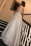 Glitter Silver Long Spaghetti Straps Prom Dress with V-Neck Dance Dress P1466