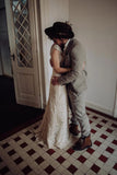 Vintage Lace Appliques Ivory V-Neck Cap Sleeves Mermaid Wedding Dress W1225