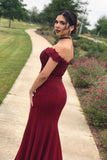 Mermaid Off the Shoulder Burgundy Prom Dress with Slit Lace Appliques Evening Dress P1297