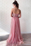 A Line Pink Sequins Strapless Sweetheart Prom Dresses Sleeveless Party Dresses P1342