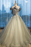 Ball Gown Strapless Appliques Beads Tulle Quinceanera Dresses with Lace up, Prom Dresses P1424