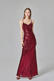 Spaghetti Straps Burgundy Prom Dresses Mermaid Sequins Party Dresses, Dance Dresses XU90811