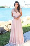 Blush Pink Sweetheart Maxi Dresses Open Back Lace Sleeve Beach Wedding Guest Dresses BD1043