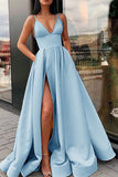 A Line Yellow Spaghetti Straps Satin Prom Dress with Slit Party Dresss P1369